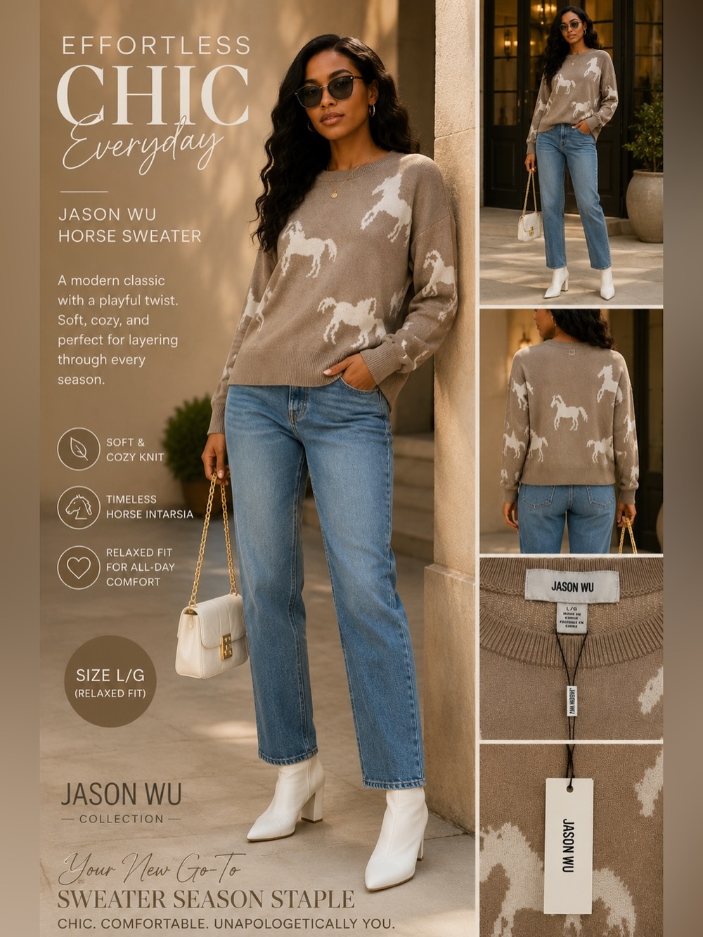 Jason Wu Taupe and White Horse Intarsia Sweater